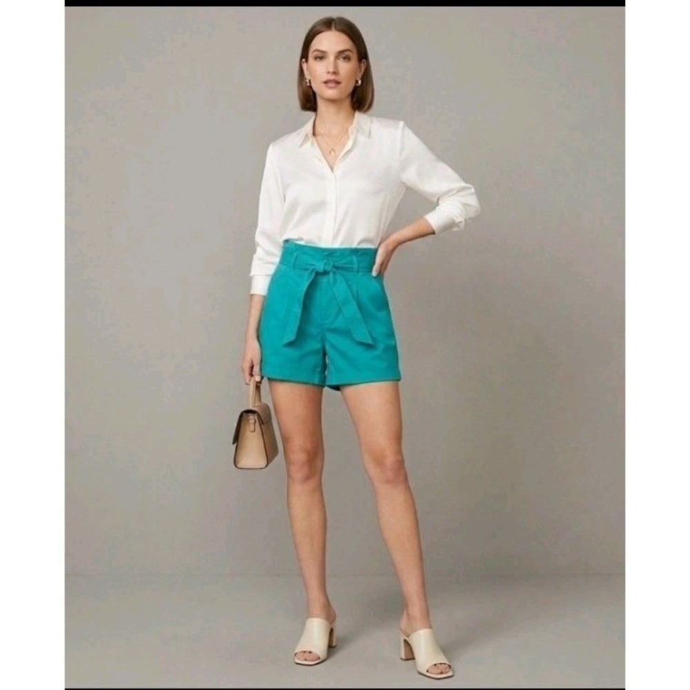 NWT LOFT Teal Blue Paper Bag Waist Shorts Tie Belt High Rise Women's Size 4 NEW